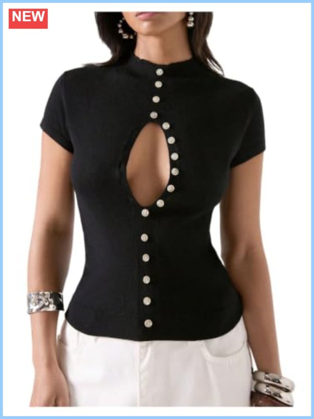 Women's Cut Out Knit Mock Neck Button Down Short Sleeve Blouse